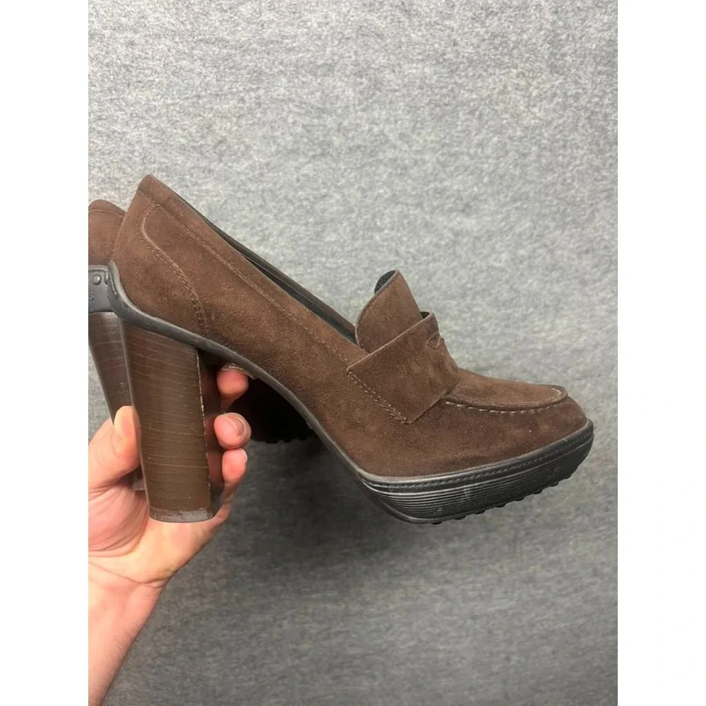 TOD'S Brown Suede Penny Loafer Block Heel Pumps Made in Italy Women's EU 39